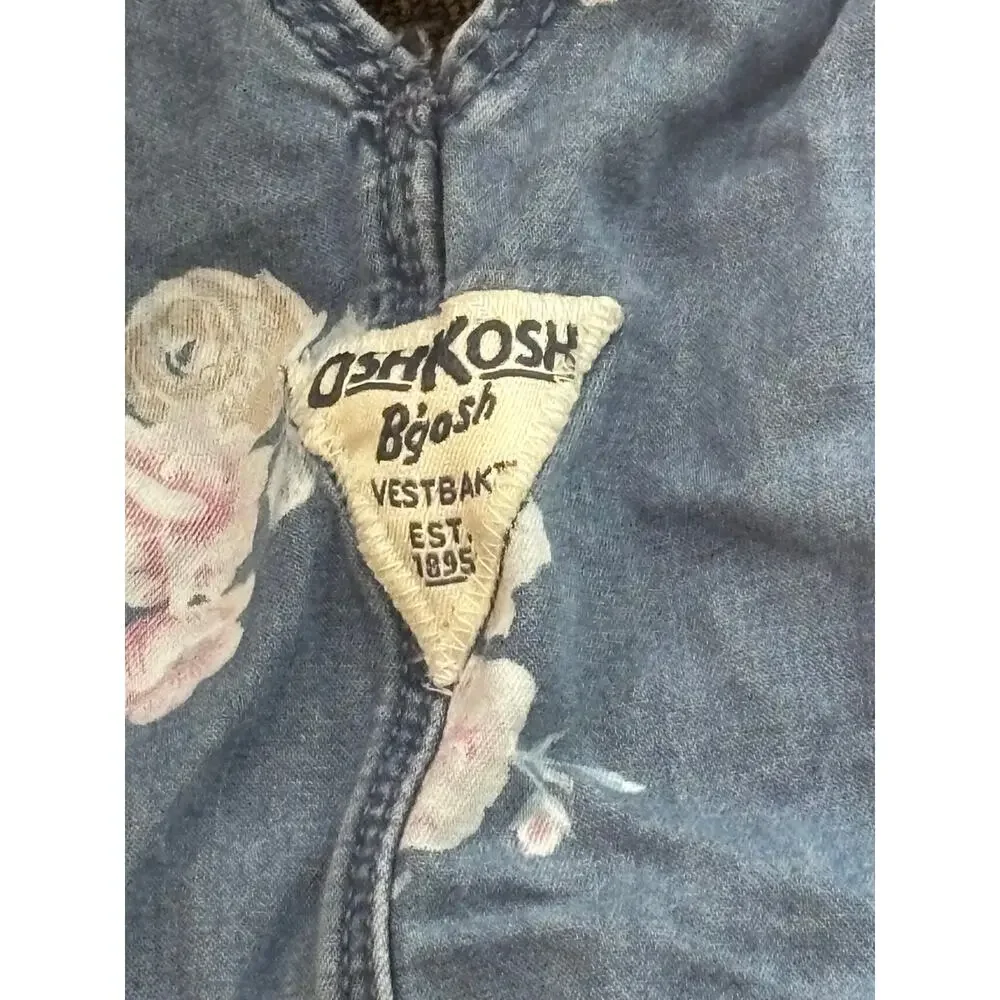 OshKosh B'Gosh Denim Overalls Dress Coverall Jumper Girls Size 3T Roses Flowers